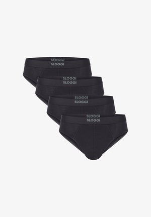 Vier zwarte herenonderbroeken met elastische taillebanden, elk met de merknaam "Sloggi" in het grijs op de voorkant in het midden.