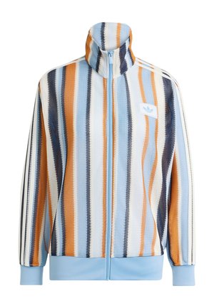Bunda s celým zipem s vertikálními modrými, oranžovými, bílými a námořnickými pruhy, žebrovanými manžetami a lemem a vysokým límcem.