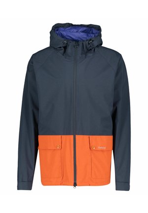 Herenjas met capuchon, marineblauwe bovenkant en oranje onderkant, ritssluiting aan de voorkant en twee voorzakken met knopen.