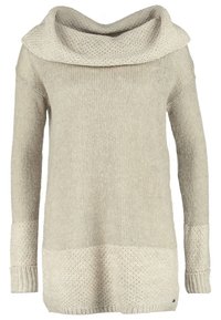 Pull en tricot beige avec un col drapé large, des manches longues et des motifs texturés à l'ourlet et aux poignets. Coupe douce et décontractée.