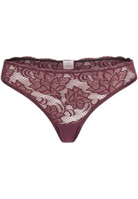 Bordeaux gekleurde kanten string met bloemenpatroon, voorzien van een soepele stof tailleband en een doorschijnende kanten achterkant. Etiket bevindt zich aan de voorkant in het midden.