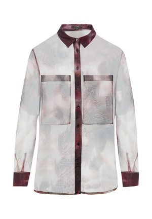 Long-sleeved shirt in lightweight fabric, featuring a soft red and white abstract pattern, collar, button front, and two chest pockets.