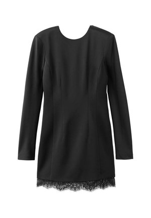 Vestido negro de manga larga con escote redondo, que presenta un cuerpo ajustado y un borde de encaje en el dobladillo, tejido suave con un acabado mate.