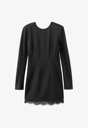 Vestido negro de manga larga con escote redondo, que presenta un cuerpo ajustado y un borde de encaje en el dobladillo, tejido suave con un acabado mate.