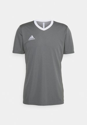 Graues Sport-T-Shirt mit kurzen Ärmeln, V-Ausschnitt, weißem Kragen und dezentem Glanz. Mit weißem Adidas-Logo auf der linken Brust.