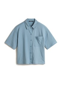 Short-sleeve button-up shirt in light blue, featuring vertical ribbed texture, a chest pocket, and a classic point collar.