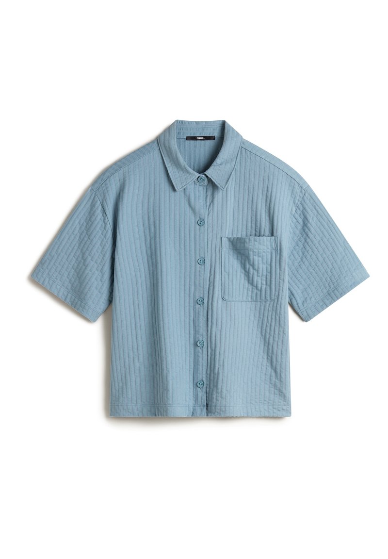 Short-sleeve button-up shirt in light blue, featuring vertical ribbed texture, a chest pocket, and a classic point collar.