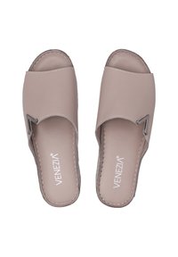 Lichtbeige slide-sandalen met een gladde leren afwerking, open te ontwerp en een metallic accent. Gestikte details langs de randen.