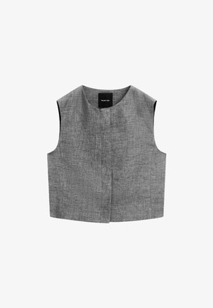 Gray cropped top with a textured fabric, round neckline, and sleeveless design. Features a central seam and a brand label near the neck.