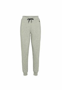 Grå bomullsjoggers med elastisk midja, justerbar dragsko och muddar vid anklarna. Har en liten logotyp framtill.