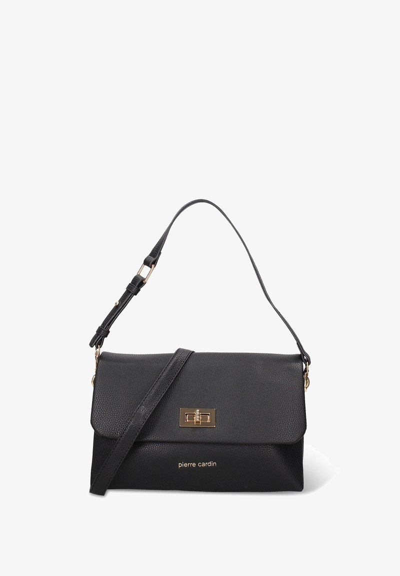 Borsa a mano in pelle nera con texture, tracolla regolabile, chiusura a giramento in metallo dorato e logo "pierre cardin" sulla parte anteriore.