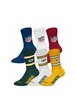 Sechs NFL-Themen-Crewsocken, drei mit dem NFL-Logo in Blau, Weiß und Rot, und drei mit Green Bay Packers Logos in Grün, Weiß und Gelb.