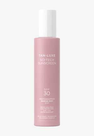 Fotoadaptacyjny krem przeciwsłoneczny Tan-Luxe Sci-Tech SPF 30 w różowej butelce z białą nakrętką, 200 ml, wodoodporny, szerokie spektrum ochrony UV.