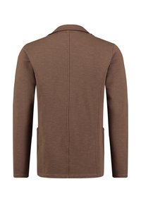 Giacca marrone a maniche lunghe con colletto, cuciture visibili lungo la schiena e tasche laterali, mostrata dal retro su uno sfondo bianco.