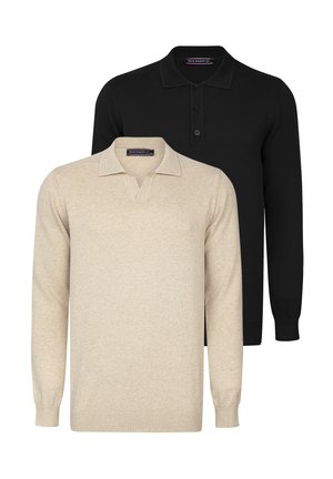 Dos suéteres de polo de manga larga: uno beige con un acabado texturizado y uno negro detrás. Ambos presentan un cuello y una tapeta de botones.