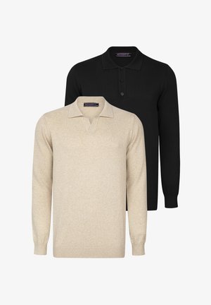 Zwei langärmlige Poloshirts: eines beige mit strukturierter Oberfläche und eines schwarz dahinter. Beide haben einen Kragen und eine Knopfleiste.