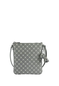 Borsa a tracolla grigia con motivo floreale bianco, chiusura con cerniera argentata, tracolla regolabile e dettagli con frange di lato.