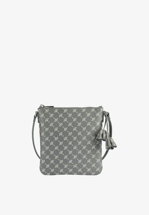 Borsa a tracolla grigia con motivo floreale bianco, chiusura con cerniera argentata, tracolla regolabile e dettagli con frange di lato.