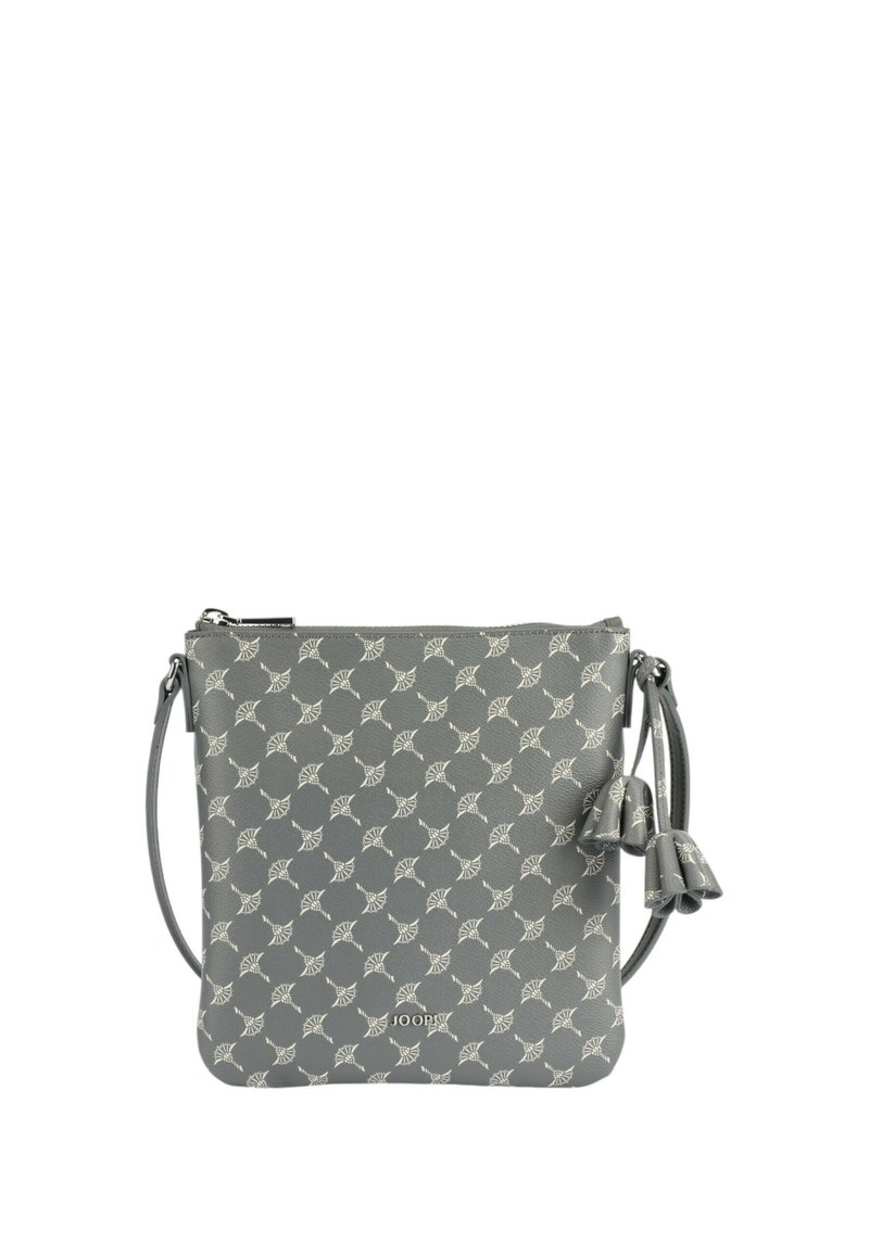 Borsa a tracolla grigia con motivo floreale bianco, chiusura con cerniera argentata, tracolla regolabile e dettagli con frange di lato.