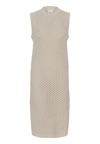 Strickärmeloses Kleid in hellbeige mit einem strukturierten Spitzenmuster, runder Ausschnitt und geradem Saum, das eine lässige Passform bietet.