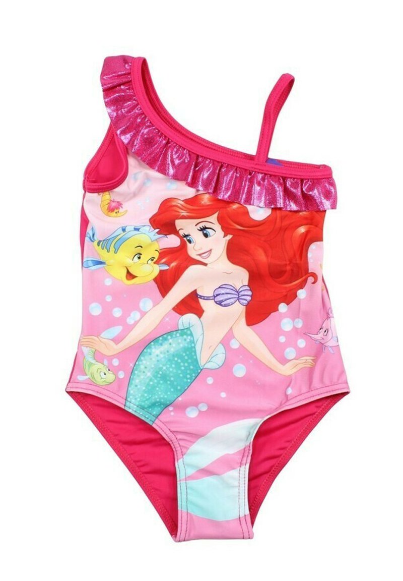 Maillot de bain une pièce avec une base rose, doté d'une volute fuchsia pailletée, d'un design Ariel et d'accents de poissons bleus. Matériau doux et extensible.