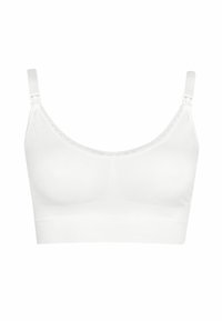 Reggiseno bianco con coppe non imbottite, spalline regolabili e rifinitura in pizzo lungo il colletto. Texture liscia e design senza cuciture.