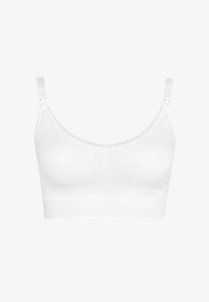 Weißer BH mit ungepolsterten Cups, verstellbaren Trägern und einer Spitzenkante am Ausschnitt. Glatte Textur und nahtloses Design.