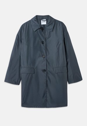 Dark gray, lightweight coat with a collar, four front buttons, and side pockets. Smooth fabric and relaxed fit with dropped shoulders.