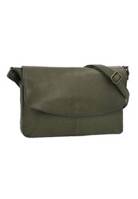Olivgrön läderhandväska med lockstängning, justerbar rem och slät textur. Rektangulär form med minimala sömdetaljer.