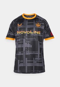 Sort sportsjersey med grå abstrakt mønster, orange detaljer og teksten 'NOVOLINE'. Korte ærmer, rund hals, fugttransporterende stof.