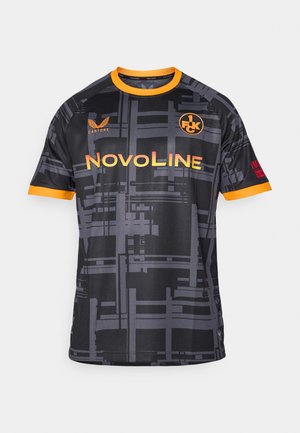 Maillot de sport noir avec un motif abstrait gris, des accents orange et le texte 'NOVOLINE'. Manches courtes, col rond, tissu qui évacue l'humidité.