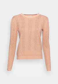 Pull en tricot rose avec un motif texturé, manches longues et col rond. Comprend des détails en dentelle et un ourlet côtelé.