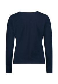 Haut à manches longues bleu marine avec un col rond, texture lisse et coupe ajustée. Aucun motif visible ni quincaillerie. Vue arrière plain.