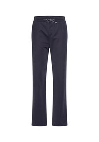 Granatowe dresy z elastycznym pasem ściąganym na sznurki, prostym krojem nogawek i dwiema przednimi kieszeniami; wykonane z miękkiego, teksturowanego materiału.