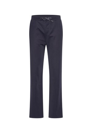 Pantalones de chándal azul marino con cintura ajustable, diseño de pierna recta y dos bolsillos frontales; hechos de una tela suave y texturizada.