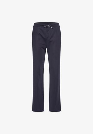 Marineblauwe sweatpants met een elastische tailleband, recht slim design en twee voorzakken; gemaakt van een zachte, gestructureerde stof.