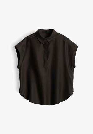 Blusa nera a maniche corte con colletto, patta nascosta con bottoni e orlo arrotondato, mostrata su sfondo bianco.