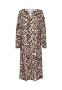 Rochie cu imprimeu leopard, bej și negru, având un decolteu în V și mâneci lungi, realizată dintr-un material texturat și ușor.
