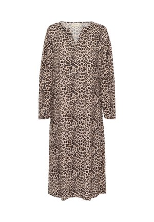Robe imprimée léopard en beige et noir, avec un décolleté en V et des manches longues, fabriquée dans un tissu léger et texturé.
