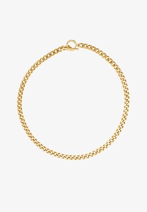 Gouden ketting met in elkaar grijpende schakels, voorzien van een gepoleerd oppervlak en een ronde sluiting voor een veilige bevestiging.