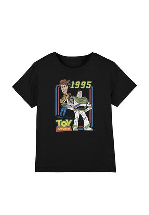 Black T-shirt with colorful Toy Story print featuring Woody and Buzz Lightyear, text "1995" and Disney Pixar logo.