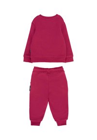 Komplet odzieży loungewear z bawełny w żywej magencie. Zawiera długą bluzę z długim rękawem oraz dopasowane spodnie, obie z prążkowanymi mankietami i paskiem.