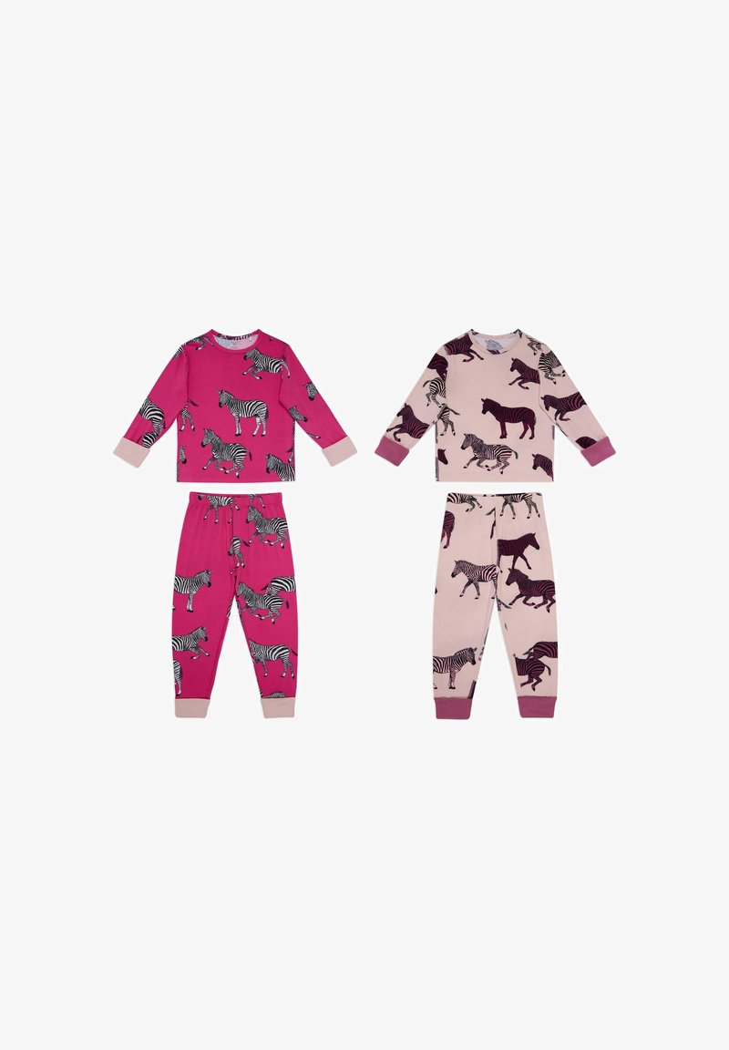 Two sets of children's pajamas: one in pink with zebras, the other in beige with horse patterns. Both have long sleeves and cuffed pants.