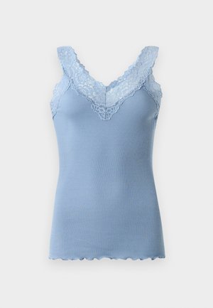 Light blue ribbed tank top with scalloped hem and lace trim along the V-neckline and straps. Soft texture, fitted design.