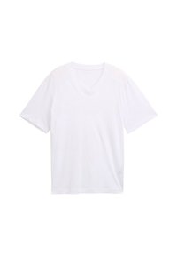 Weißes V-Ausschnitt-T-Shirt aus leichtem Baumwollstoff. Kurze Ärmel und lockere Passform. Glatte Textur ohne grafische Muster oder Akzente.