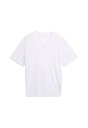 Valge V-kaelusega T-särk, mis on valmistatud kergest puuvillast. Lühikesed varrukad ja mugav lõige. Sile tekstuur ilma graafiliste mustrite või aktsentideta.
