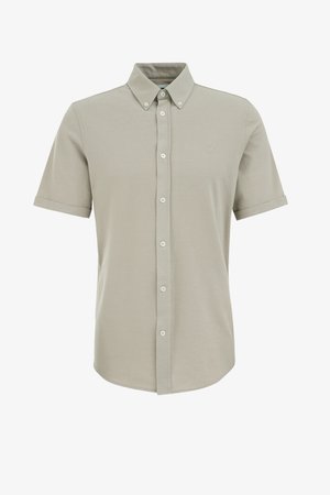 Koszula krótki rękaw, jasnoszara, wykonana z miękkiej bawełny, z zapięciem na guziki z przodu i klasycznym kołnierzykiem; zawiera dyskretne logo na piersi.