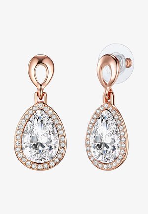 Örhängen i roséguld i form av droppar med en stor klar sten omgiven av små klara rhinestones; har en säker baksida och slät yta.
