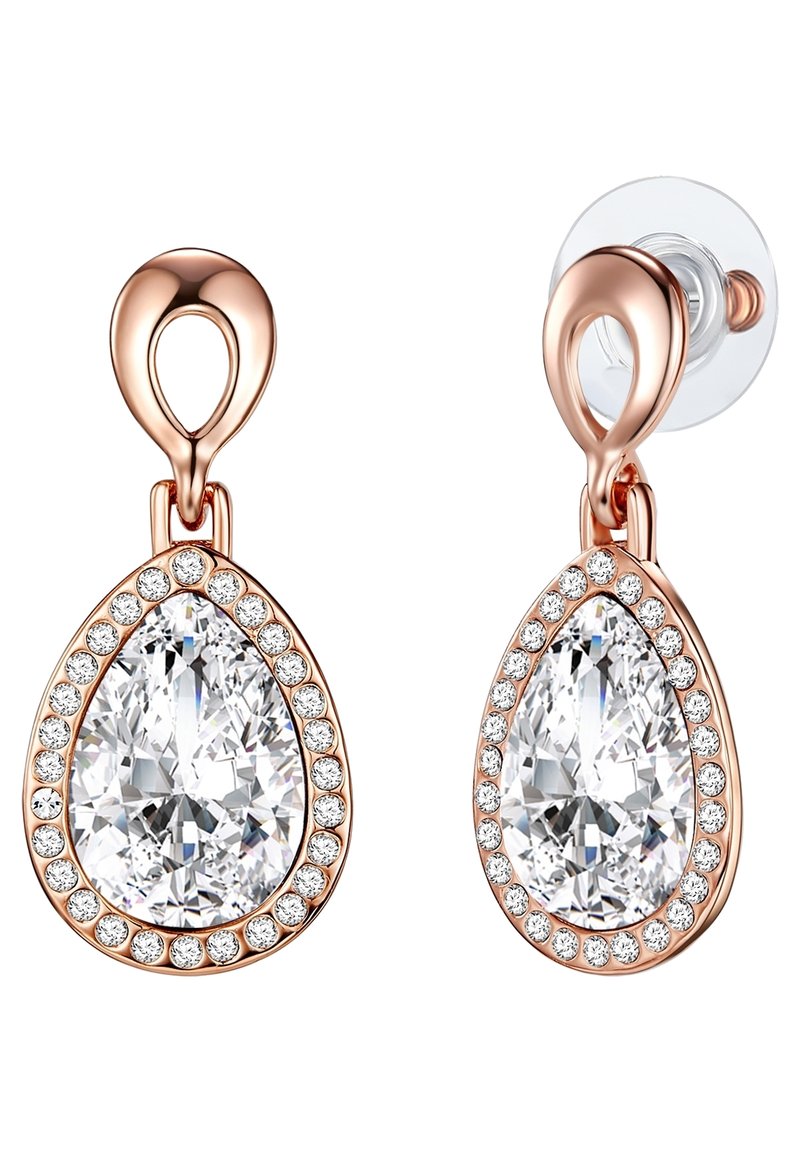 Náušnice v tvare slzy z ružového zlata so veľkým čírym kameňom obklopeným malými čírymi rhinestone kamienkami; majú bezpečné zapínanie a hladký povrch.