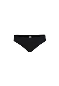 Zwarte bikini slip met een gladde textuur, driehoekige vorm en brede tailleband. Gemaakt van rekbaar materiaal voor comfort en pasvorm.